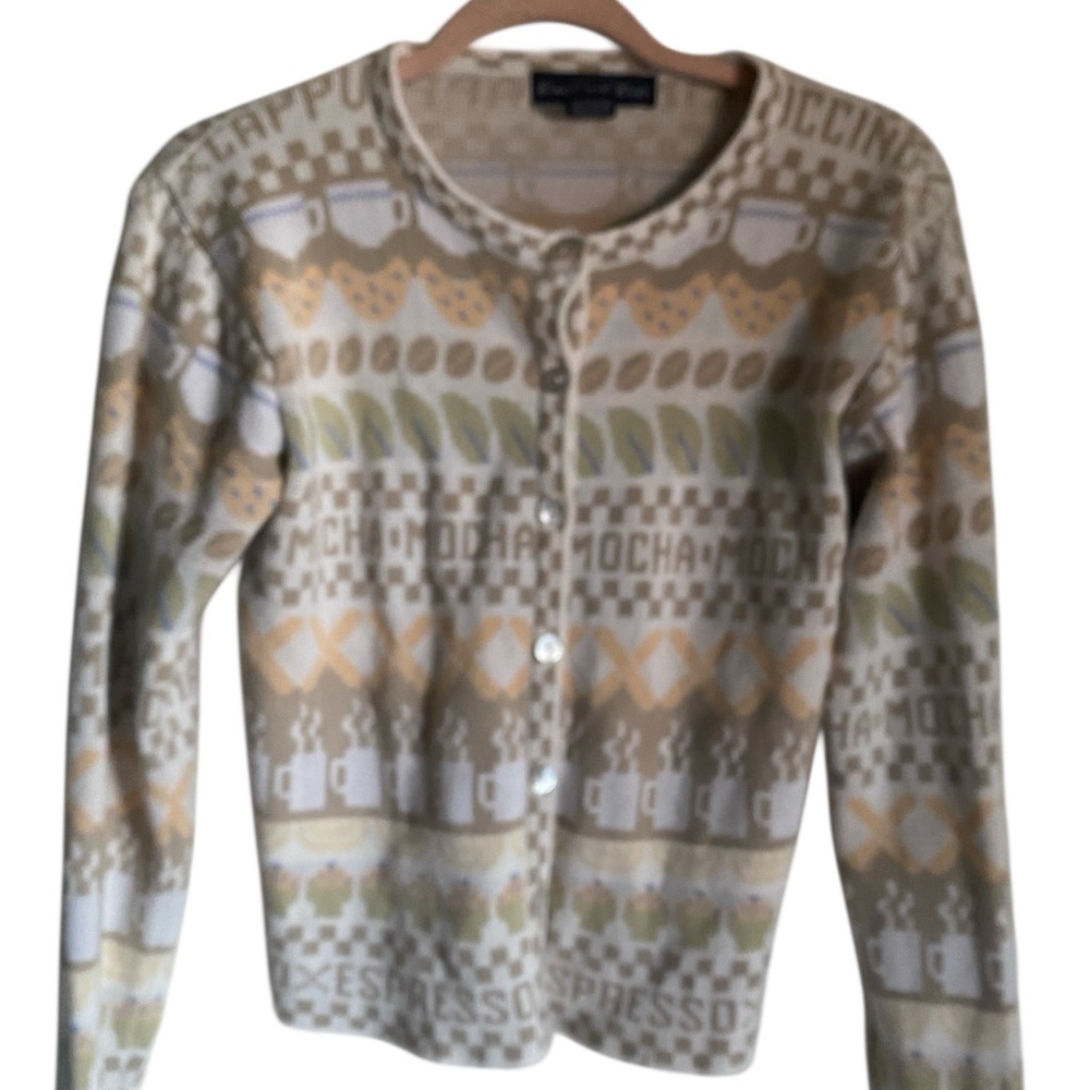 Vintage Eagles Eye Mocha Cappuccino Coffee Cup Novelty Knit Button-Up Sweater S - Picture 2 of 13